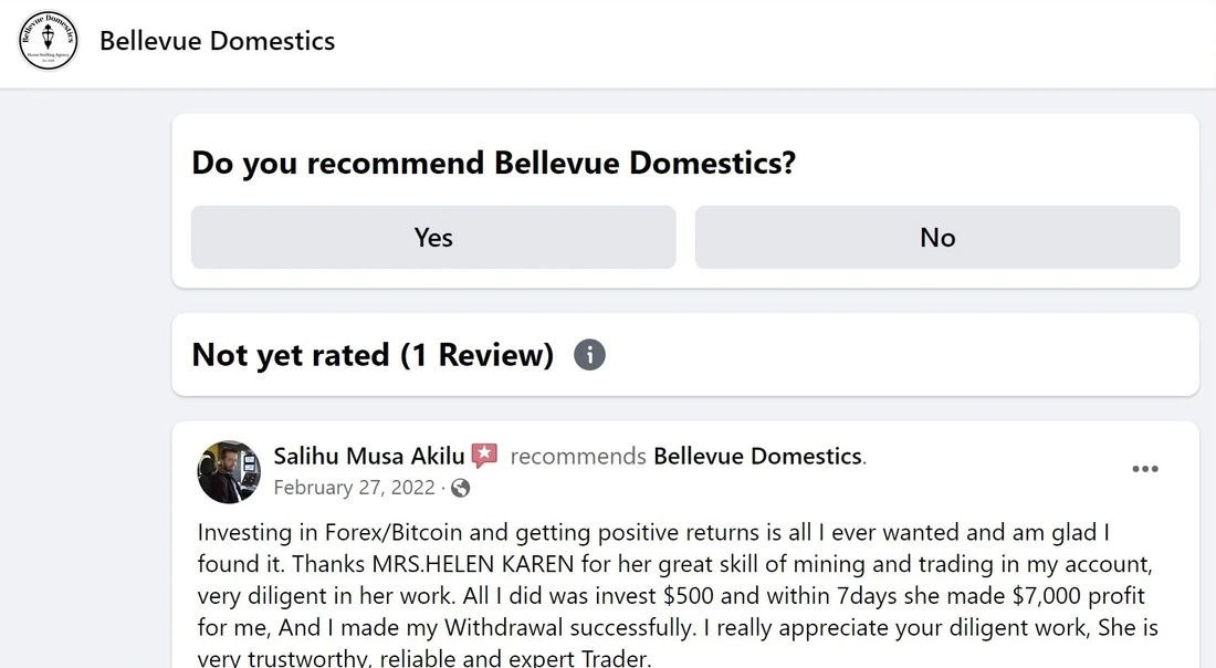 positive review of Bellevue Domestics Home Staffing Agency