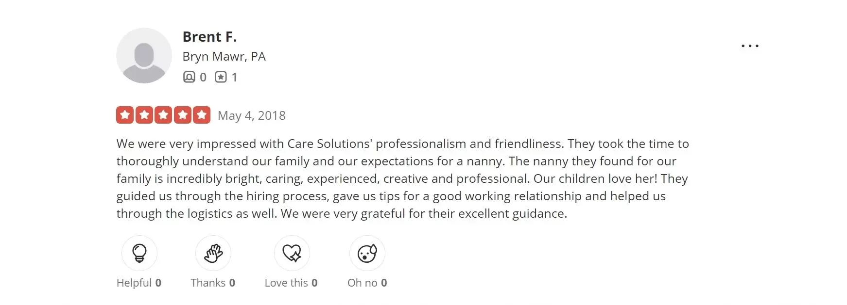 positive review of Care Solutions Inc