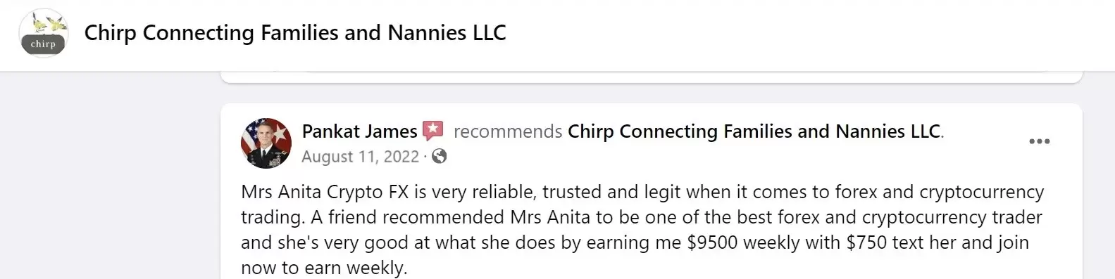 positive review of Chirp! Connecting Families and Nannies