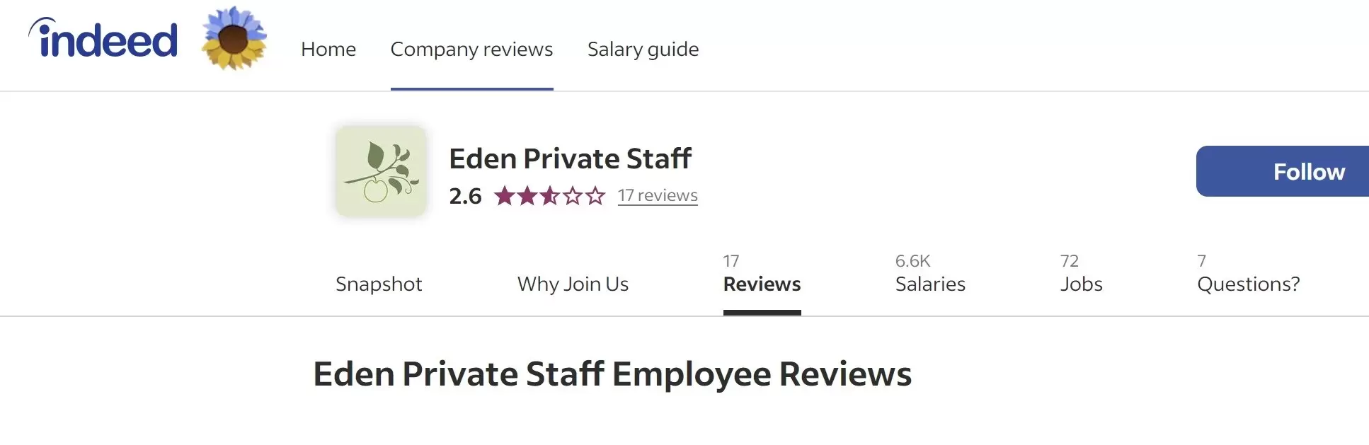 positive review of Eden Private Staff on Indeed dot com