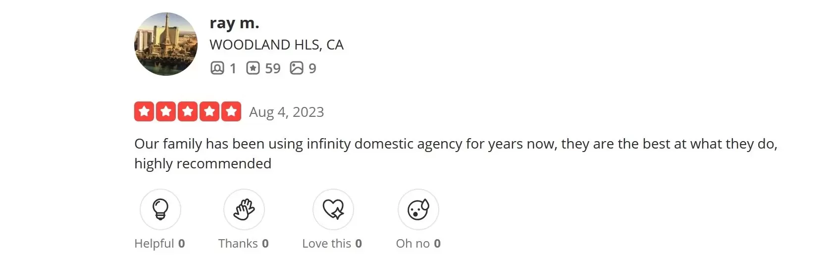 positive review of Infinity Domestic Agency