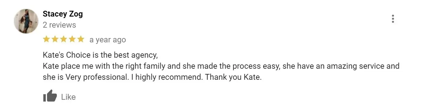positive review of Kate's Choice Elite Private Staffing Agency