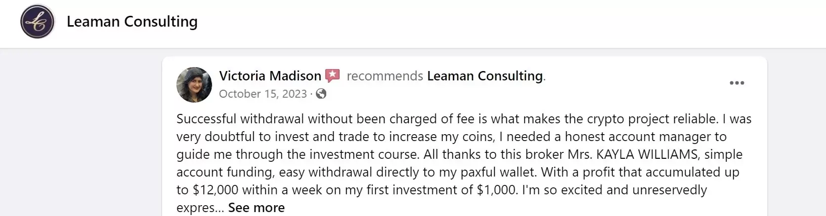 positive review of Leaman Consulting