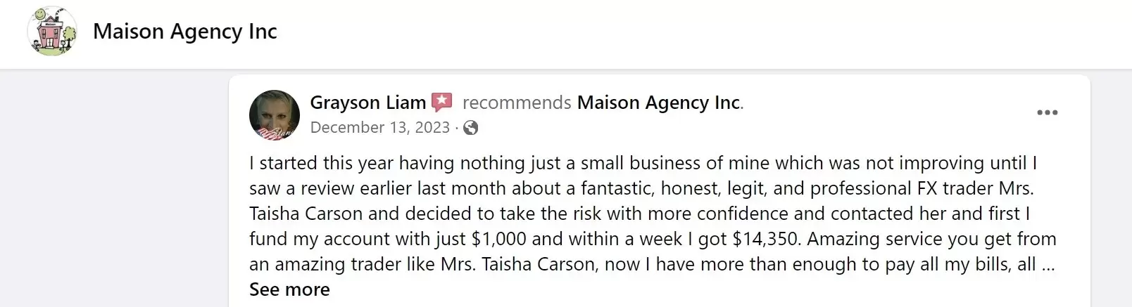 positive review of Maison Agency Inc