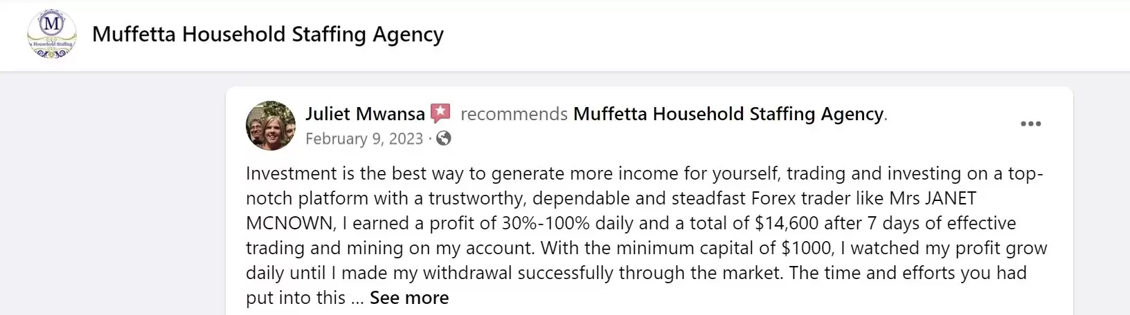 positive review of Muffetta Household Staffing Agency