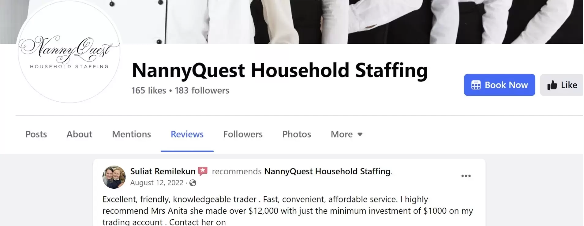 positive review of NannyQuest Household Staffing