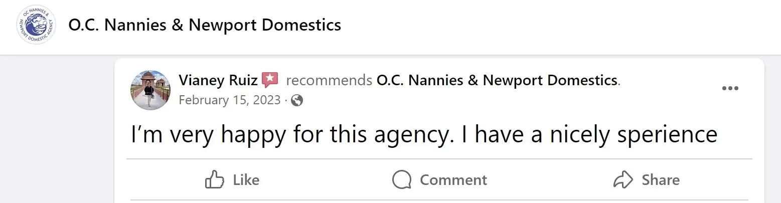 positive review of OC Nannies and Newport Domestics Agency positive review