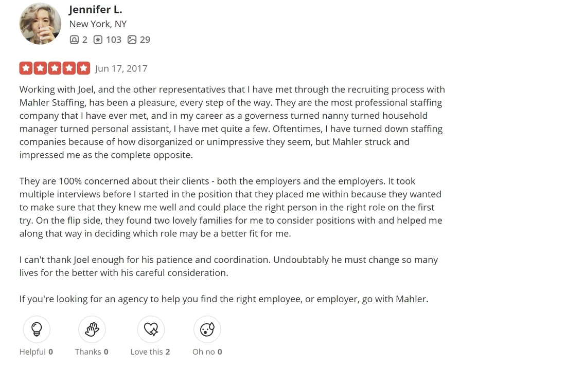 positive review of Mahler Private Staffing