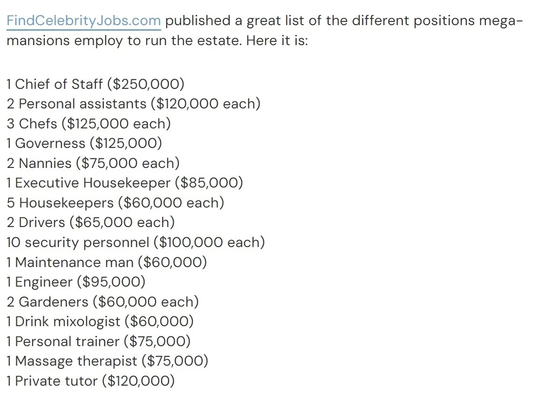 salaries for a billionaire's domestic staff
