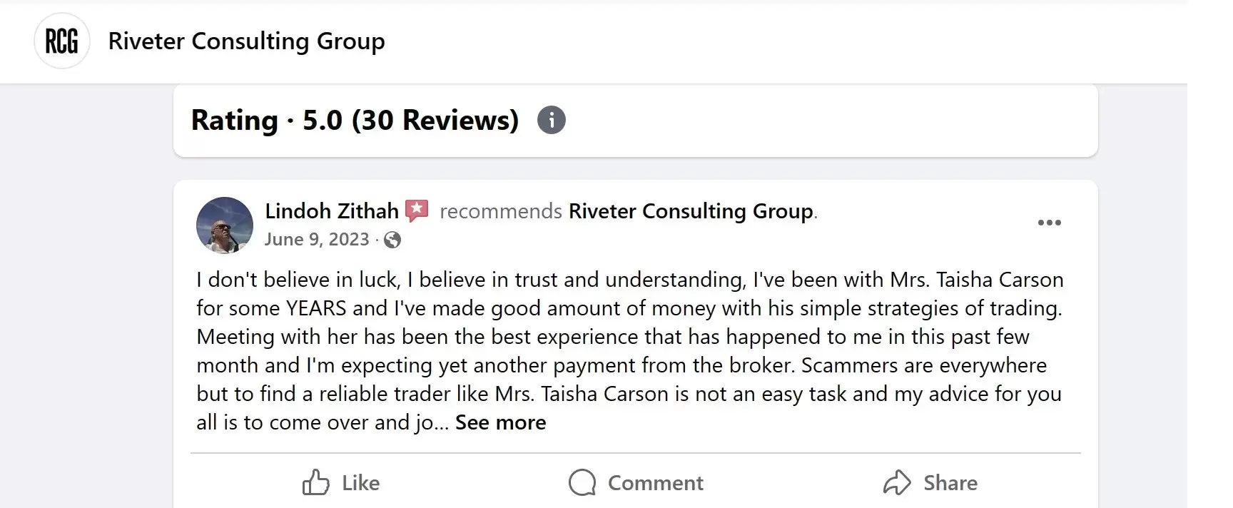positive review of Riveter Consulting Group