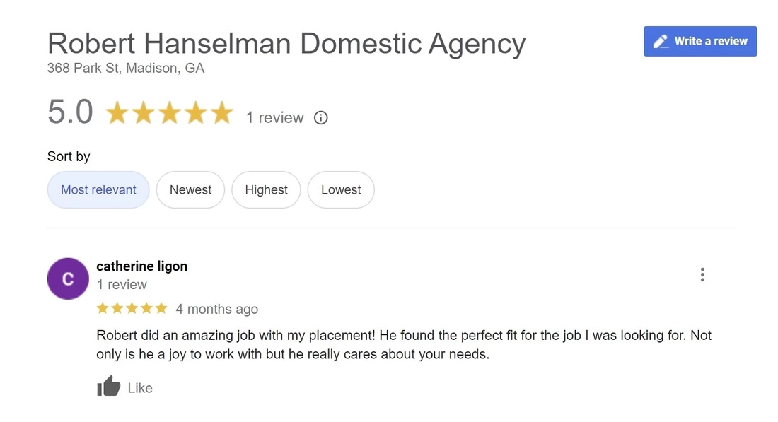positive review of Robert Hanselman Domestic Agency