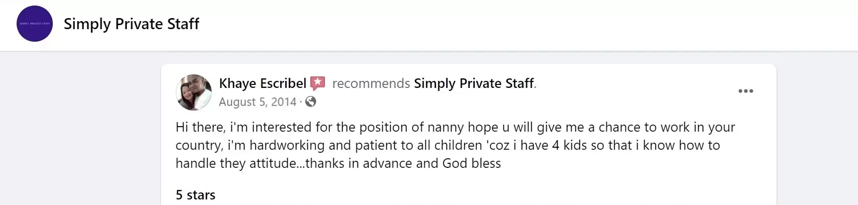 positive review of Simply Private Staff