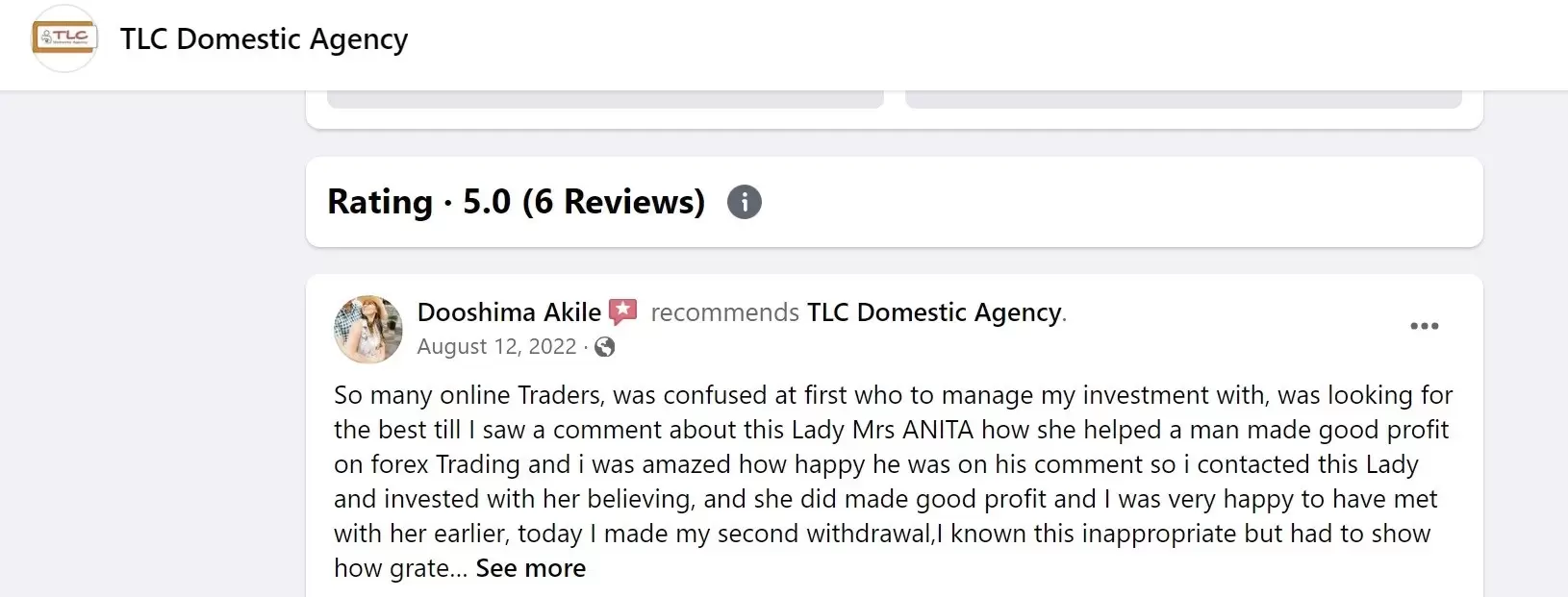 positive review of the TLC Domestic Agency